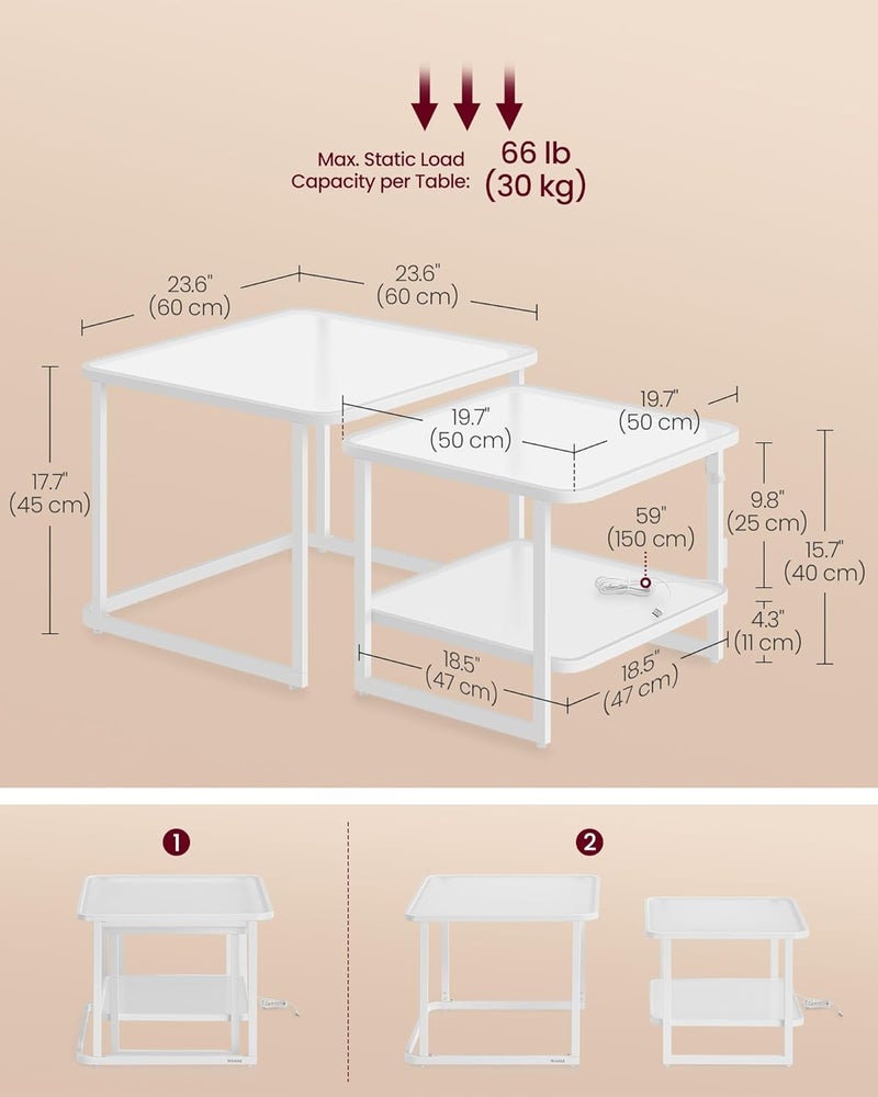 VASAGLE Coffee Tables, Set of 2 Nesting Tables with LED Lights, Modern Square Side Tables, Frosted Glass, Bottom Shelf, for Living Room, Bedroom, Office, Cloud White and Pearl White - Image 2
